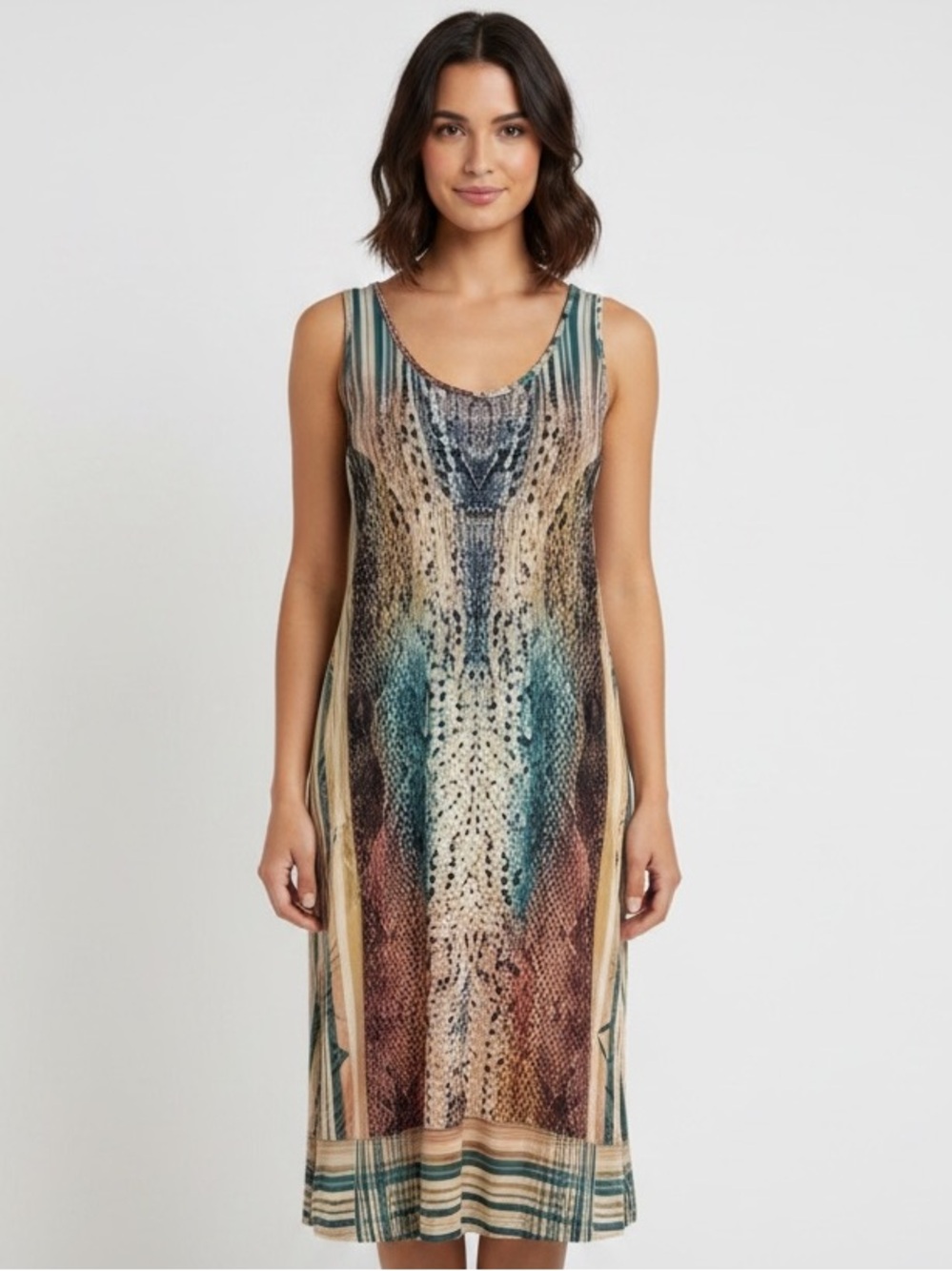 One World Women’s Sleeveless Maxi Dress Multicolored Snake Print Pattern Size L